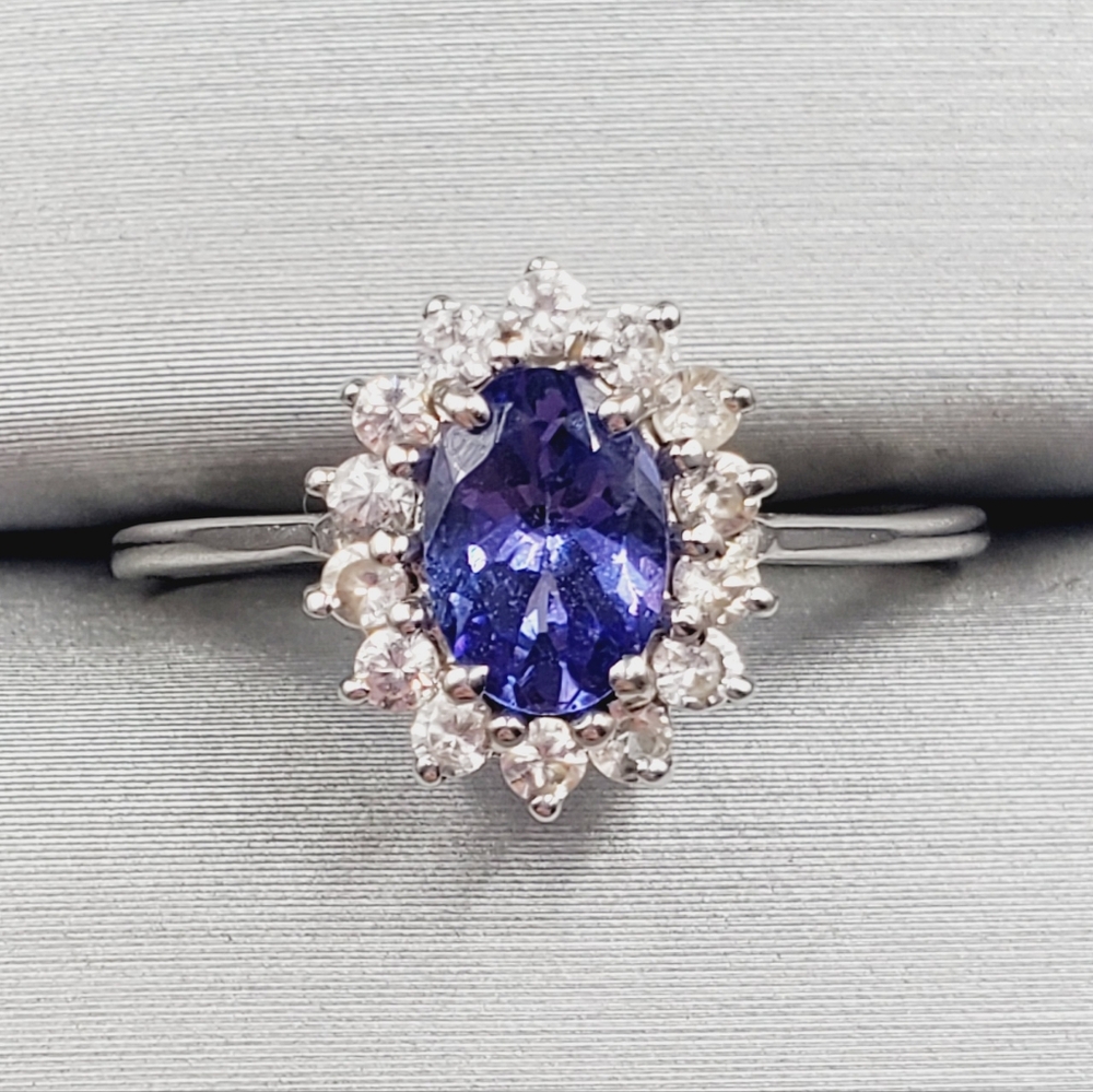 10K Ring White Gold Ring Tanzanite Ring & Round White Topaz Ring Halo Ring